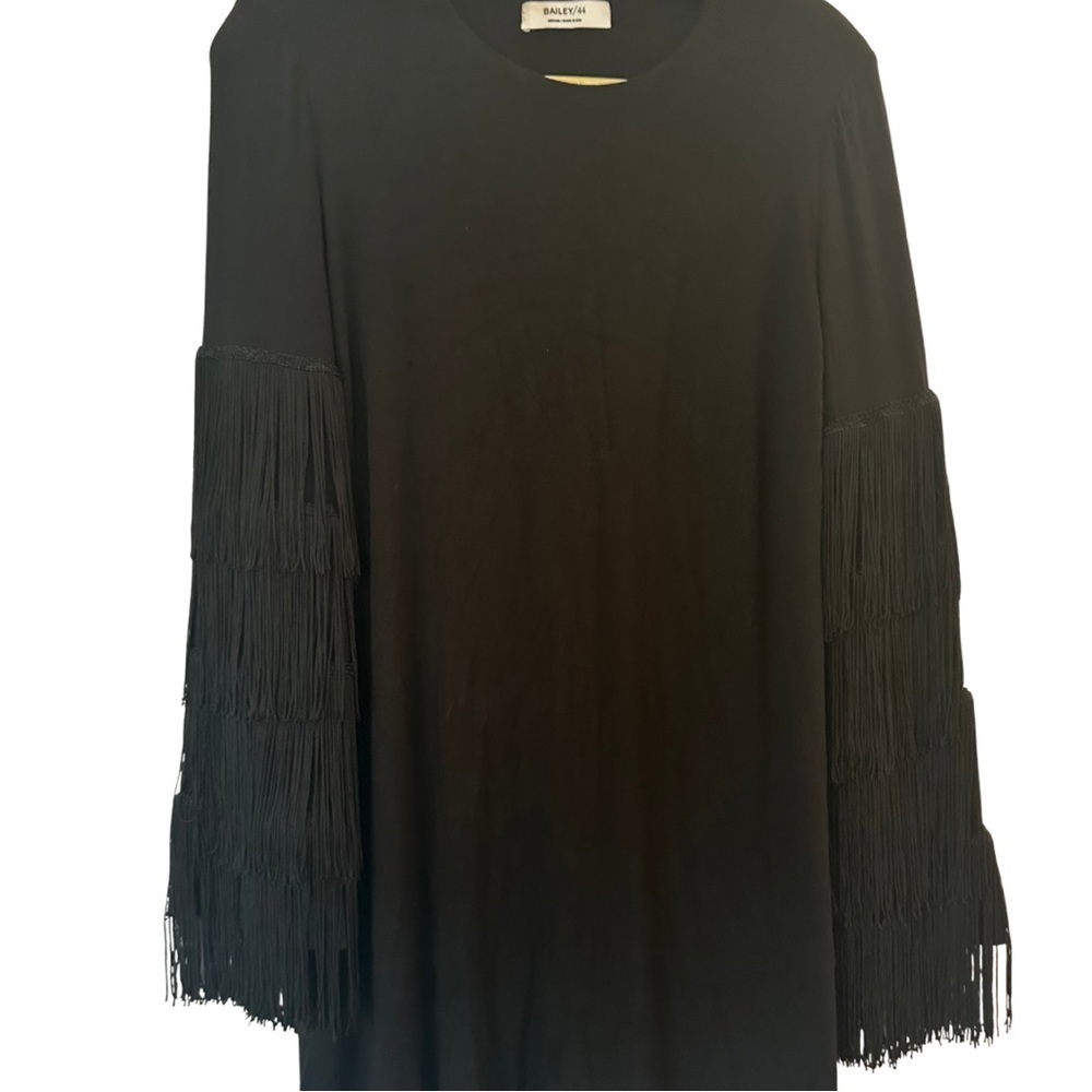 Bailey 44 Black Fringe Sleeve Shift Dress Women’s Medium Made in USA - Picture 9 of 11